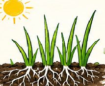 Grass with deep roots in warm soil under a sun