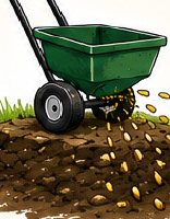 A spreader sowing seed onto cold soil