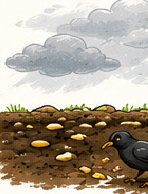 Seed sitting on the surface with a bird nearby