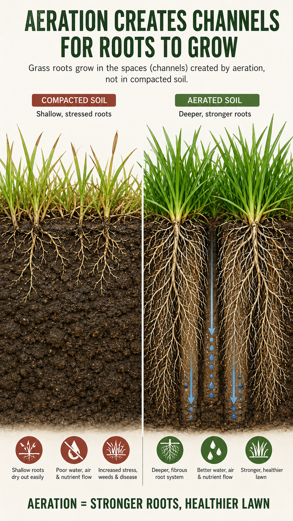 Diagram showing how grass roots develop deeper in aerated soil compared to compacted soil