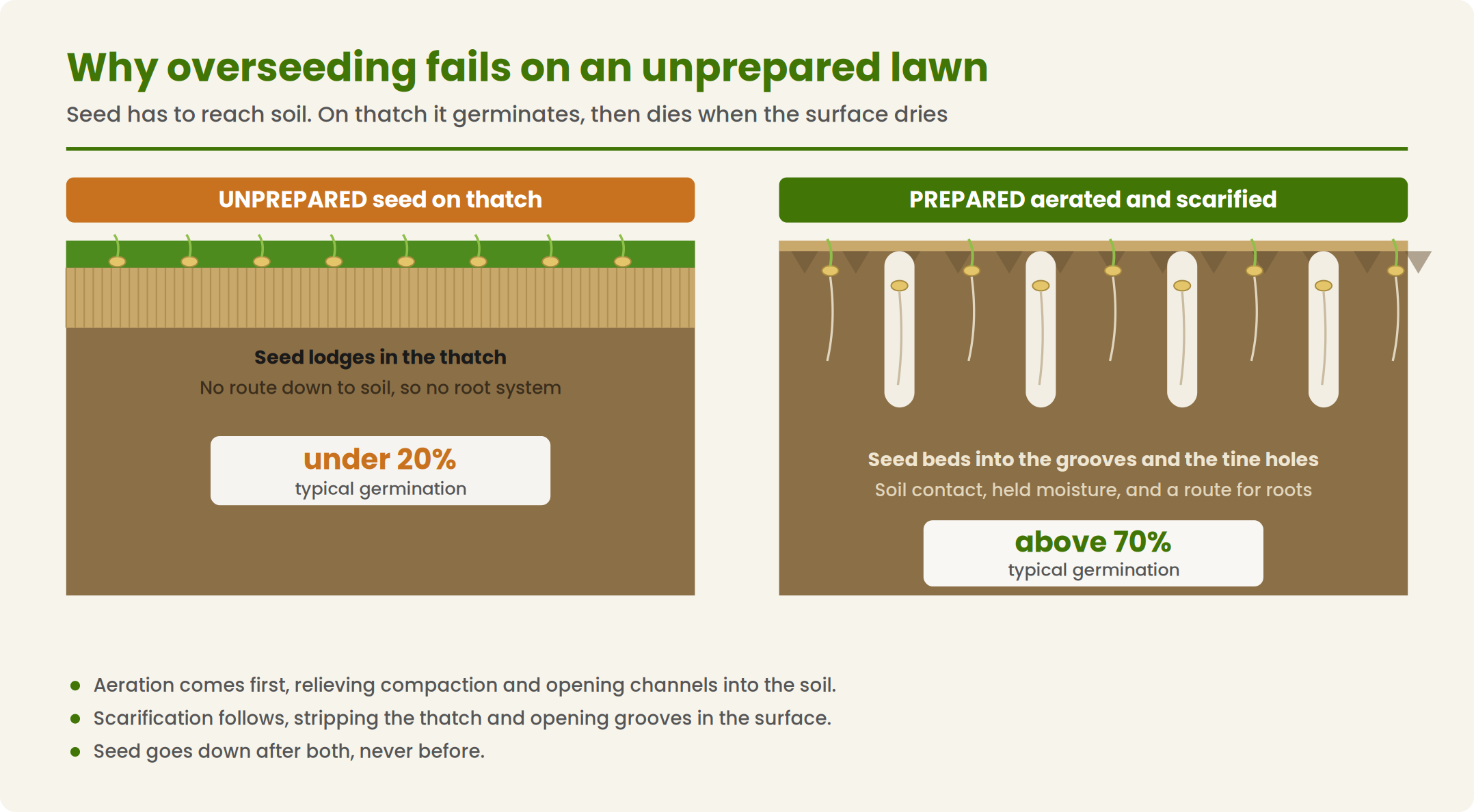 Diagram showing why grass seed needs direct soil contact to germinate effectively