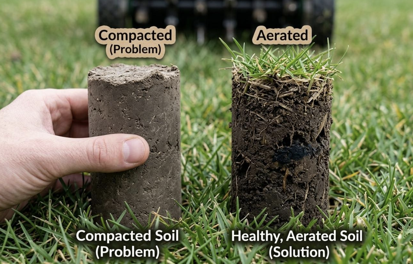 Compacted lawn soil showing how water is unable to penetrate the surface